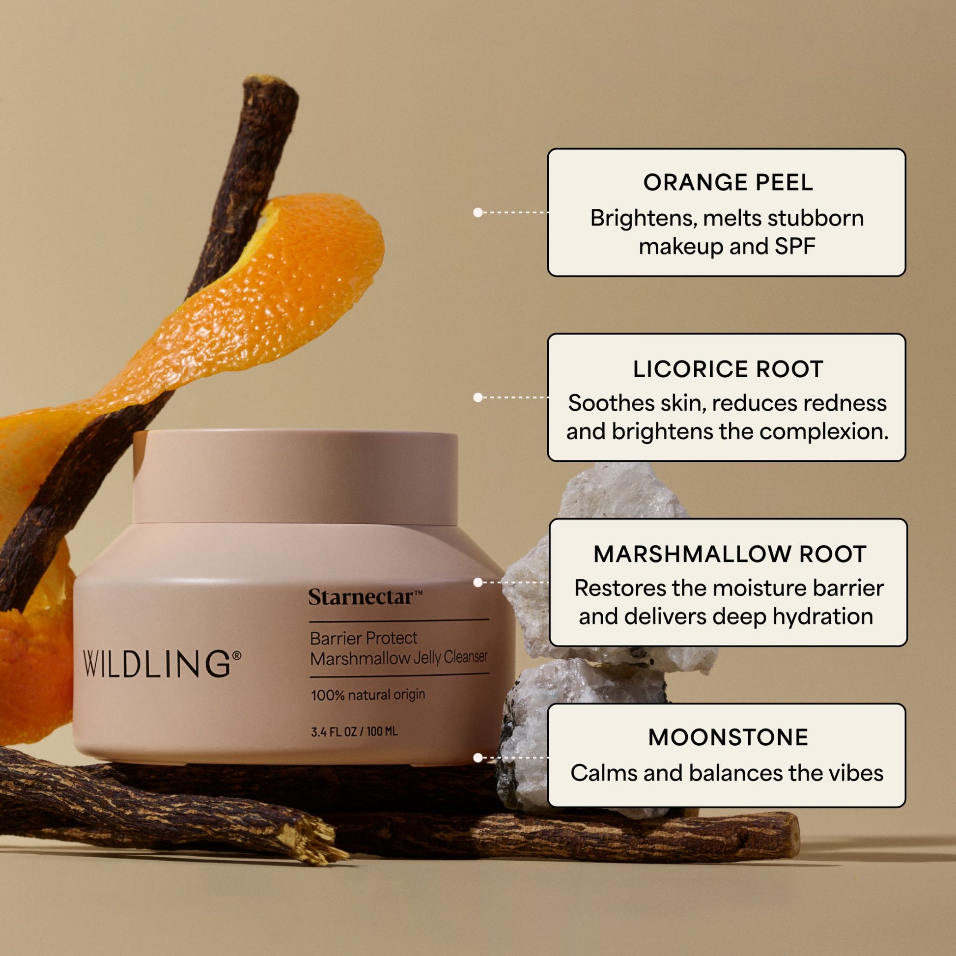 Starnectar Jelly Cleanser key ingredients orange peel, licorice root, marshmallow root, moonstone