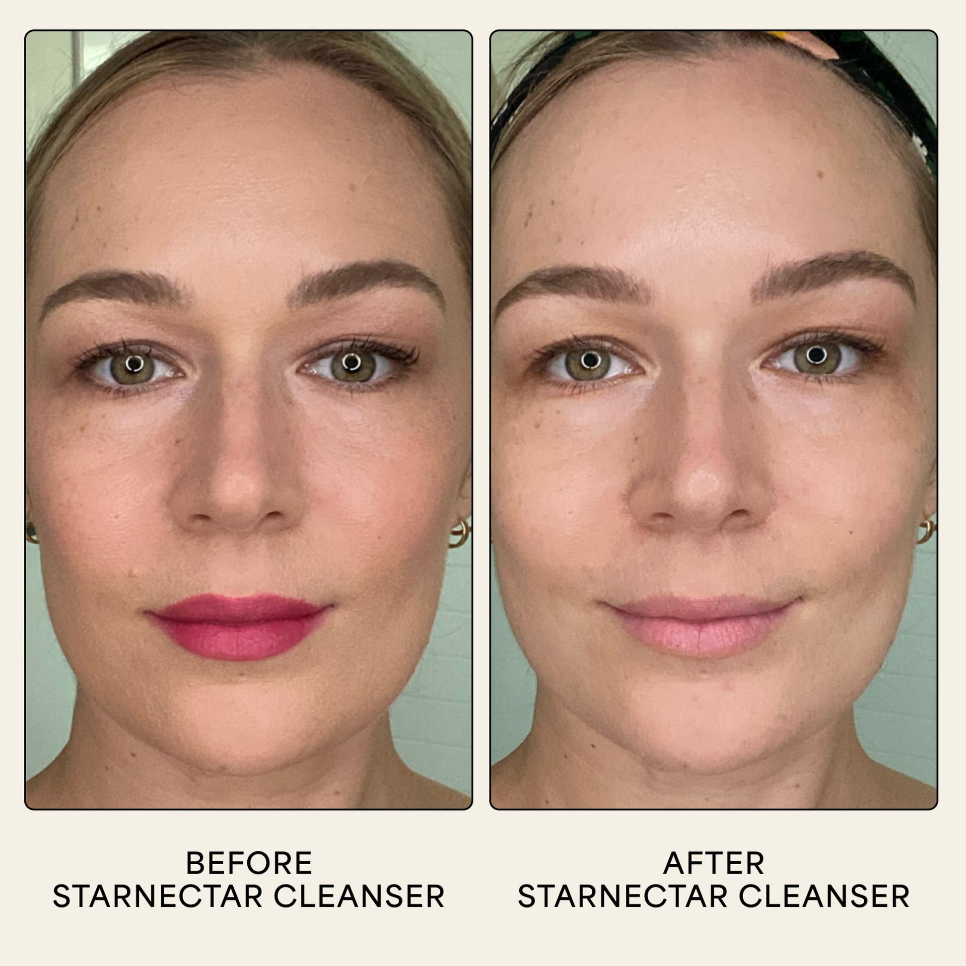 Starnectar Jelly Cleanser on skin before makeup removal and after leaving instantly clean skin