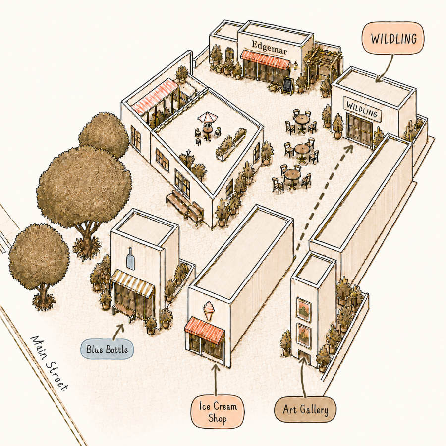Illustrated map of a small town with various businesses and landmarks.